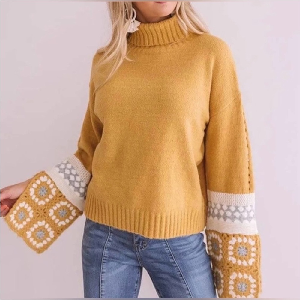 En Crème Mustard Yellow Turtleneck Crochet sleeves